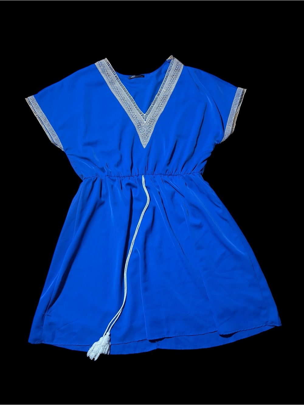 It’s giving 70’s- Bright Blue V-Neck Tassel Dress with Contrast Trim